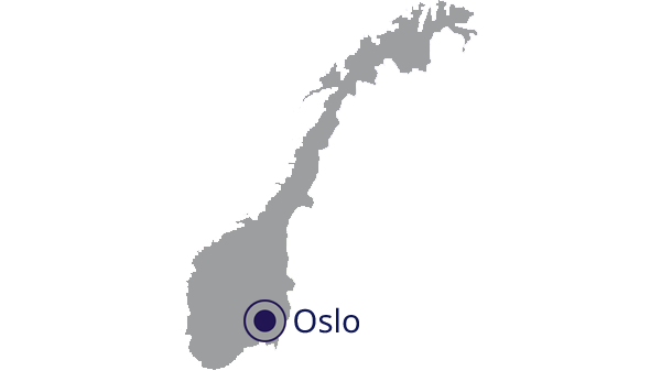 Landkaart van Noorwegen in grijs met hoofdstad Oslo aangegeven in Noors in donkerblauw - op transparante achtergrond - 600 x 529 pixels